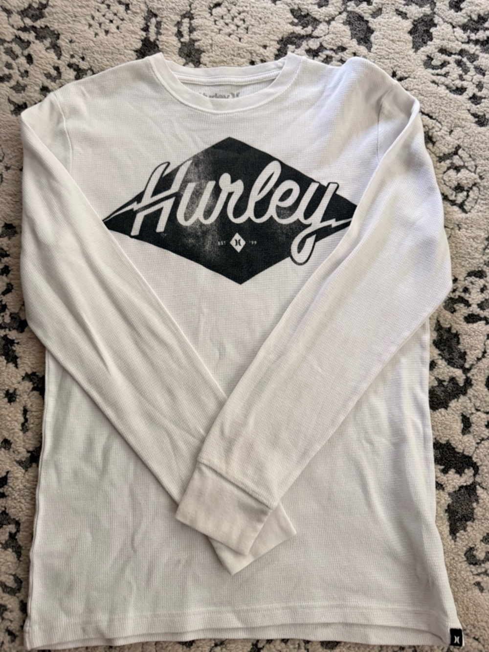 Hurley White Long Sleeve Waffle Top with Faded Black Logo